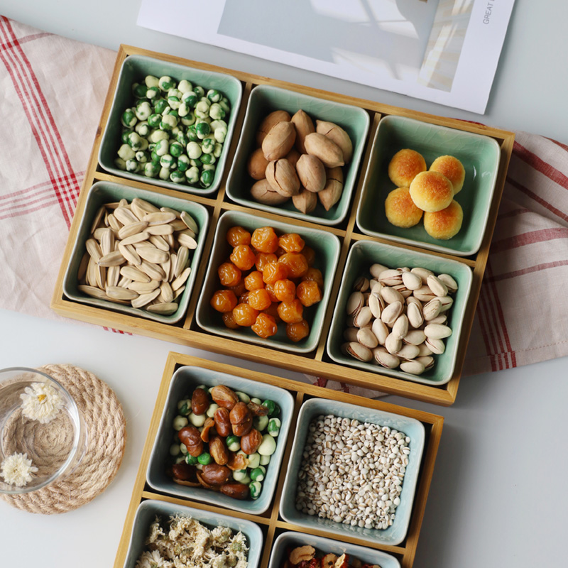 Dragon Springs Green porcelain bamboo and wood Dried Fruit Pan Days Style Delicacy Snack Pan Snack Pan ceramic Candy Pan Nut Fruit