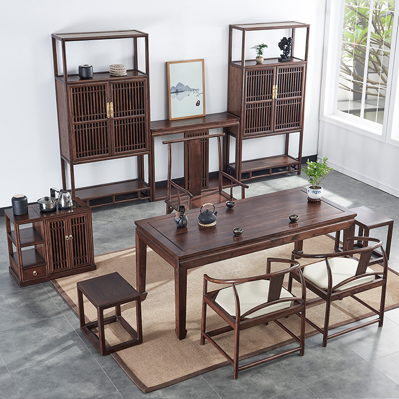 New Chinese solid wood tea table and chairs combined util tea table old elm wood tea tea tea reception desk Zen Serve tea room Home innate
