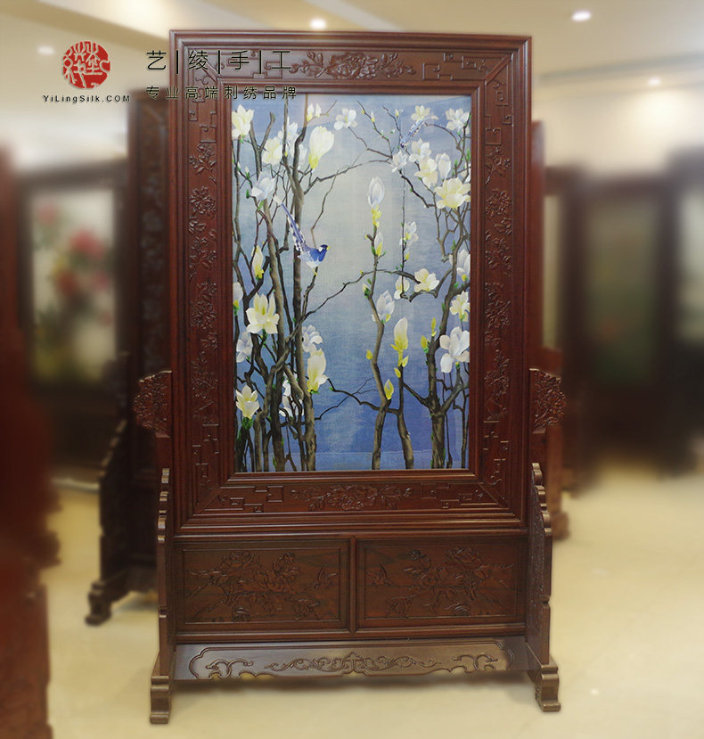 Yijing hand embroidery full embroidery double-sided embroidery Large floor decoration red acid branch boutique villa living room Su embroidery partition