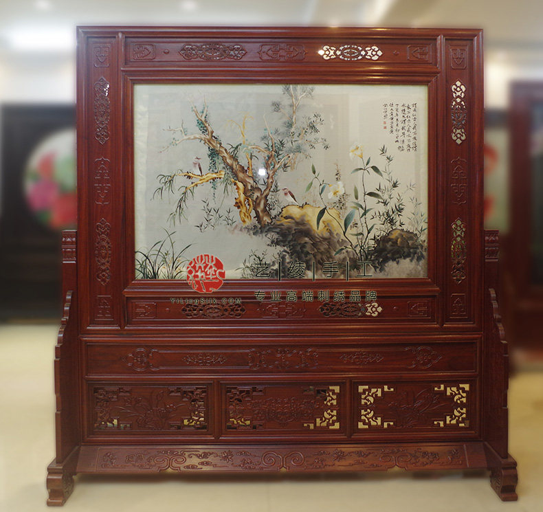 Yiya Handicrafting Embroidery Flower Pearwood Double-sided embroidery screen partition Mobile Chinese soda embroidery porch partition