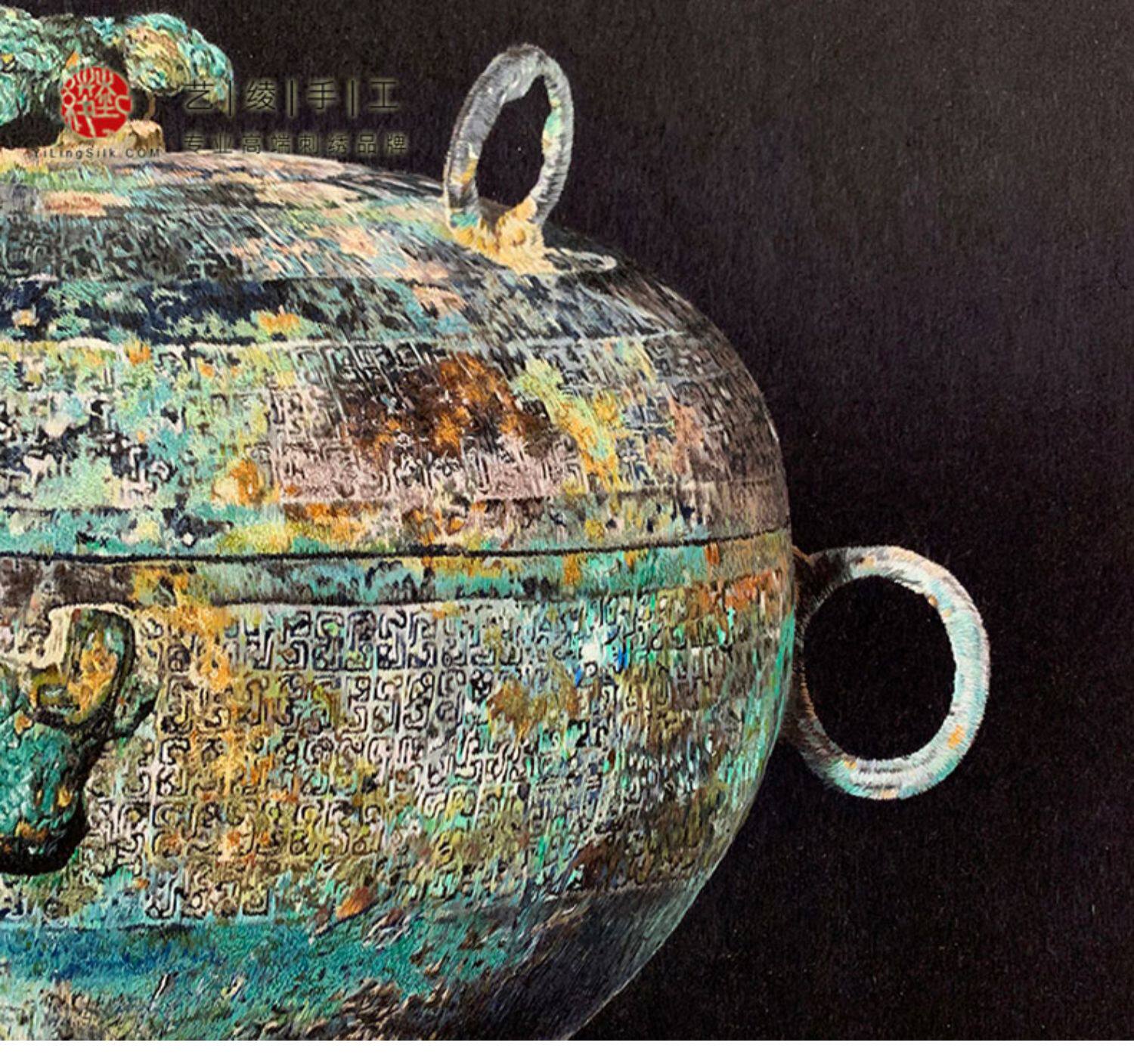 Вышивка Сучжоу 艺绫手工藏品级苏绣艺术刺绣工艺仿古装饰画别墅春秋青铜器三足鼎