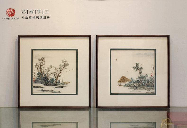 Yiling hand-embroidered new Chinese ancient landscape living room Suzhou embroidery study decorative painting square two-piece hanging painting silk embroidery painting