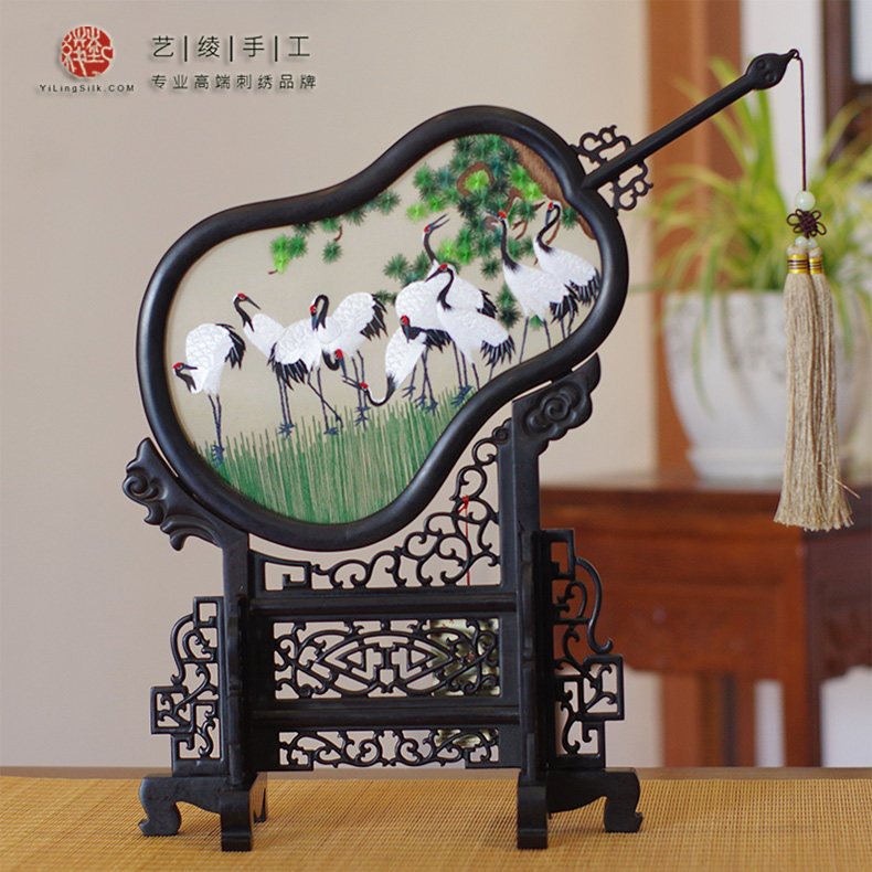 Yijing embroidery Chinese decoration double-sided embroidery office desk screen elders birthday birthday gift Songhe ten cranes