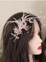 Mego Original Handmade Small Flower Fairy Ostrich Feather Crystal Side Bridal Head Accessories and Makeup Style Photo Travel Photography