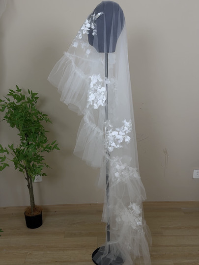 美高荷叶边复古蕾丝头纱新娘婚纱配饰品摄影样片旅拍外景造型写真