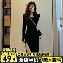 Black one-piece dress 2022 spring dress new female cousin Sexy open fork small black dress French style retro temperament long dress
