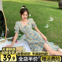 Broken Flowers V Collar Dress Skirt Early Spring 2022 New Ladies Open Fork Method Little Sub Sexy Pure Desire Wind Summer