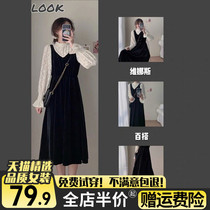 Black velvet braces one-piece dress Children 2022 New first spring French style hitch bottom shirt little guy