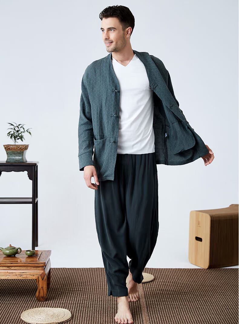 Hanmson / Yu Mingxin phục vụ nhà nam mùa xuân và mùa thu cotton và vải lanh kích thước lớn lỏng lẻo dài tay Trung Quốc đồ ngủ retro đơn nam đồ bộ thun lạnh