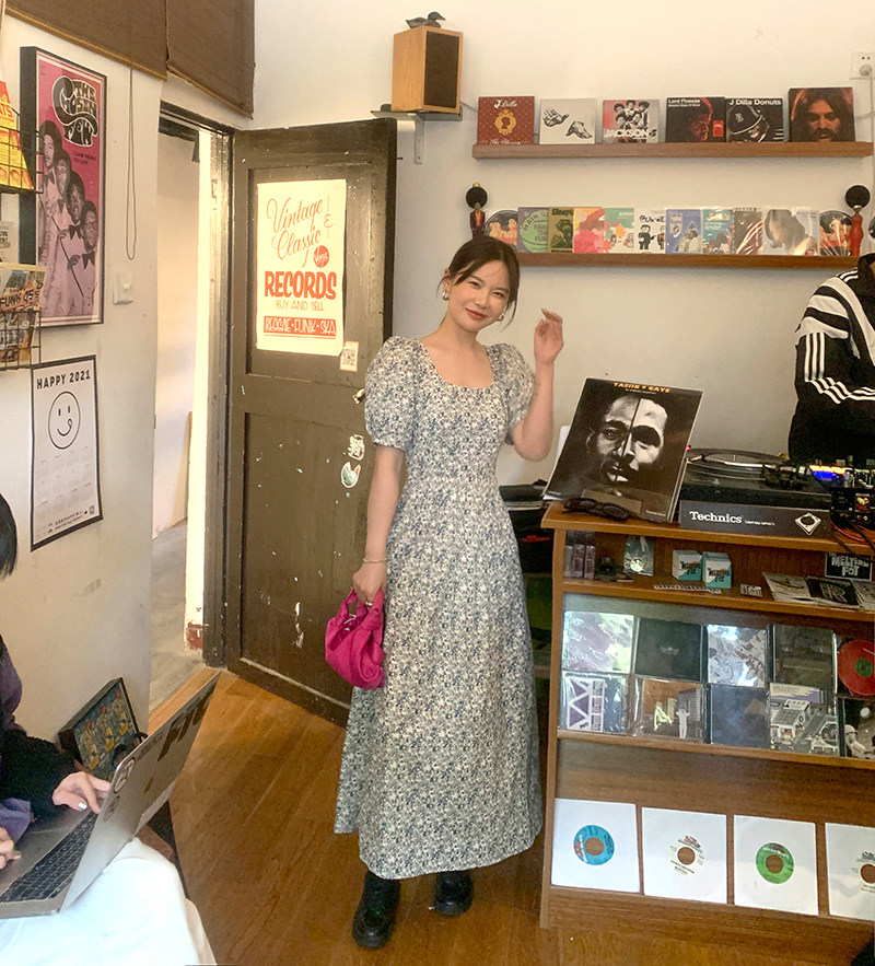 wxlstudio elegant and playful French waist dress women's collar puff sleeves summer mid-length floral skirt