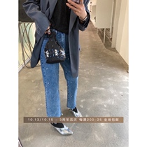 wxlstudio Nail Beaded Jeans Women High Waist 2021 Spring and Summer New Joker Slim High Nine Straight Pants