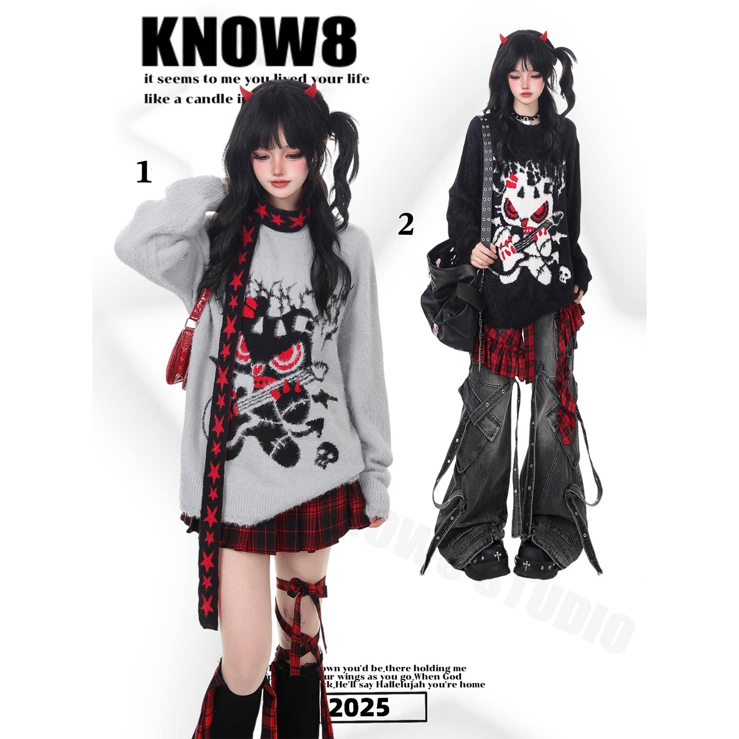 KNOW8 Light Asian Style Punk Black and Red Niche Guitar Print Sweater Women's Autumn Loose Knit Top