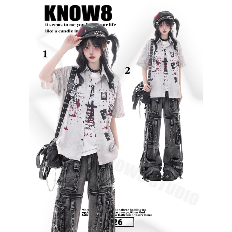 Know8 Punk Street Style Retro Distressed Printed Short-Sleeved Shirt for Men and Women Loose Niche Graffiti White Top