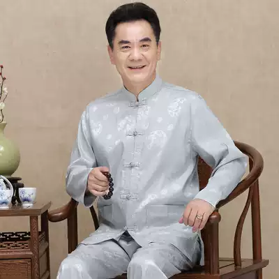 In spring and summer in middle-aged and elderly people Tang suit male silk long-sleeved kit grandpa old clothes 60-70-80-year-old men's clothing