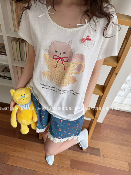 Gill Aimar小熊家睡衣女夏季可爱猫咪短袖短裤田园碎花甜睡之旅