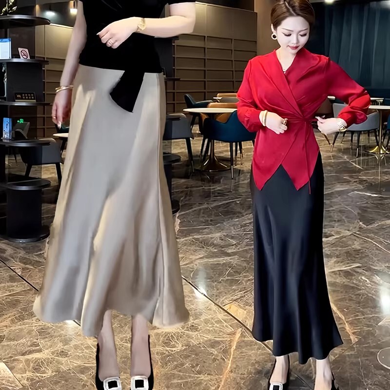 High-End French-Style Draped Acetate Satin Fishtail Skirt for Women 2026 Summer High-Waisted A-Line Hip-Hugging Long Skirt