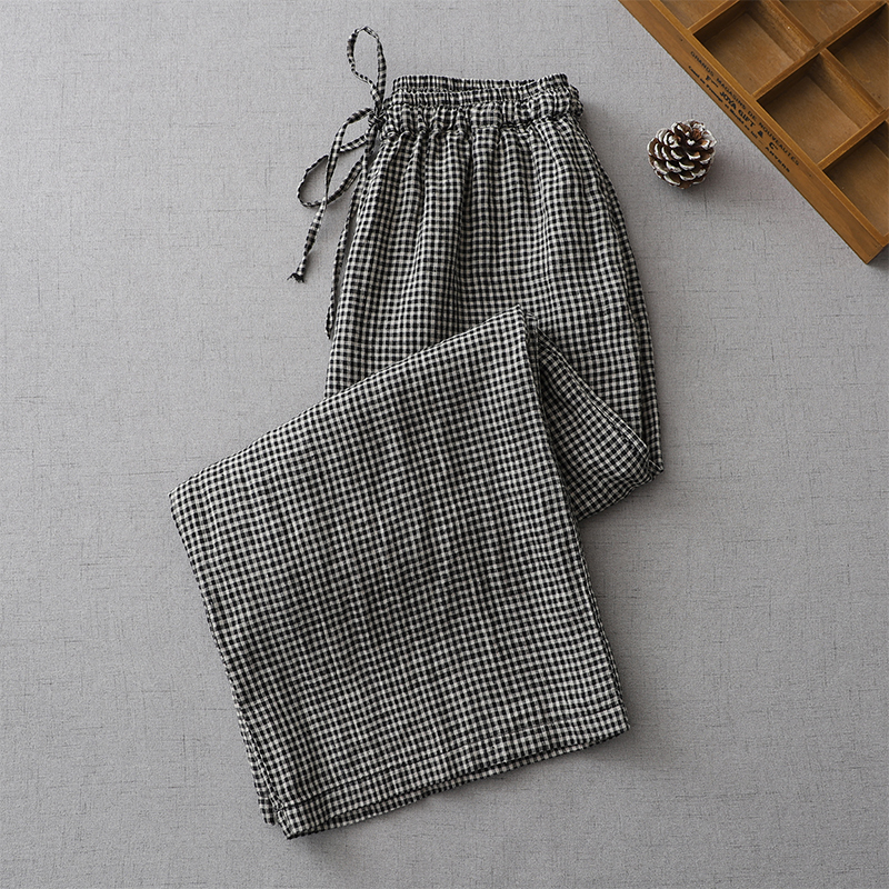 Clearance Sale: Big Brand Export Korean-Style Plaid Wide-Leg Pants for Women, Summer Thin Drapey Japanese-Style Cotton-Linen Texture Casual Pants