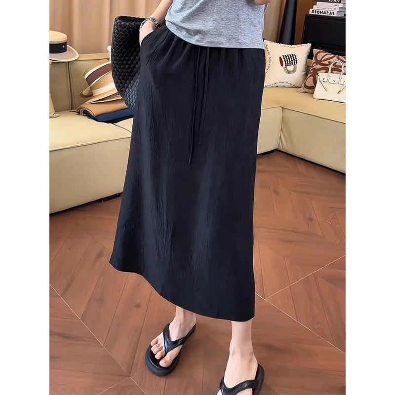 Acetate Satin Skirt for Women, Summer Loose Fit, Plus Size, Drawstring, Drapey Texture, A-Line Mid-Length Straight Skirt