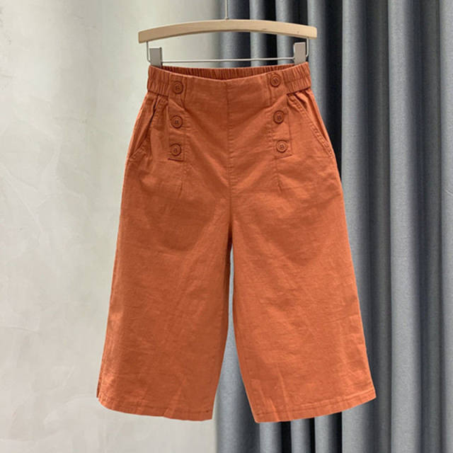 Pure cotton casual pants elastic waist three-quarter pants women's wide-leg pants 2024 summer thin quarter pants versatile harem pants