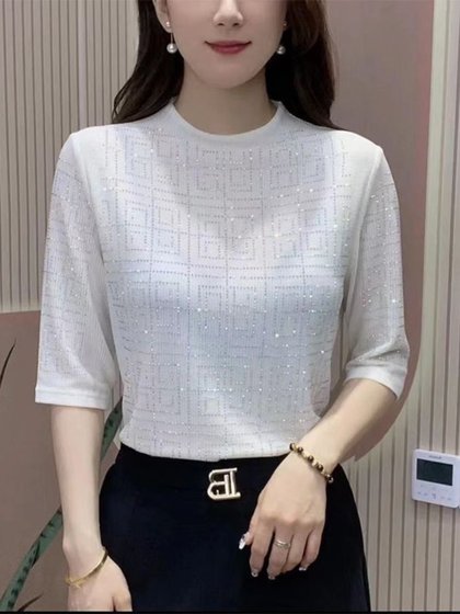 春秋新款2025圆领烫钻上衣洋气妈妈装减龄遮肉百搭中袖气质打底衫