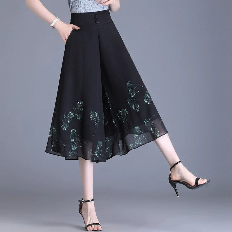 Ice Silk Chiffon Wide-Leg Pants Women's Cropped Pants Summer Thin Culottes 2026 New High-Waisted Casual Skirt Pants