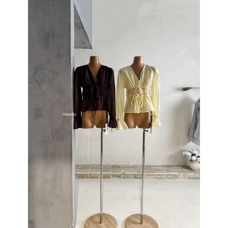 Women's Shirt 2026 New Style with Tie Collar, Fashionable Front Tie, Ruched Top