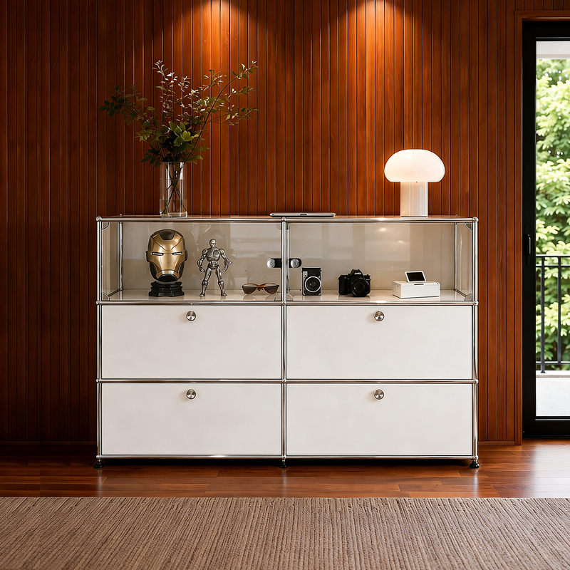Swiss Genuine Kabasa Sideboard with Glass Doors, Storage Cabinet, Living Room Mid-Century Style Stainless Steel Modular Entryway Cabinet Swiss Genuine Kabasa Sideboard with Glass Doors, Storage Cabinet, Living Room Mid-Century Style Stainless Steel Modular Entryway Cabinet