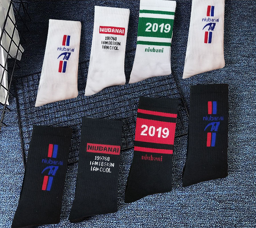 Men's red and blue striped letters trendy long tube women's ins street shooting high-top trendy brand socks pure cotton fashion black and white