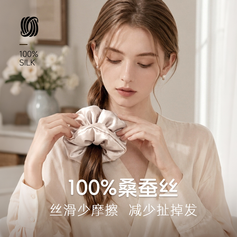 100% Mulberry Silk Heavy-Duty Hair Tie for Women, High-End Scrunchie Hair Accessory, Non-Marking, Non-Damaging to Hair, Large Size, Padded Version