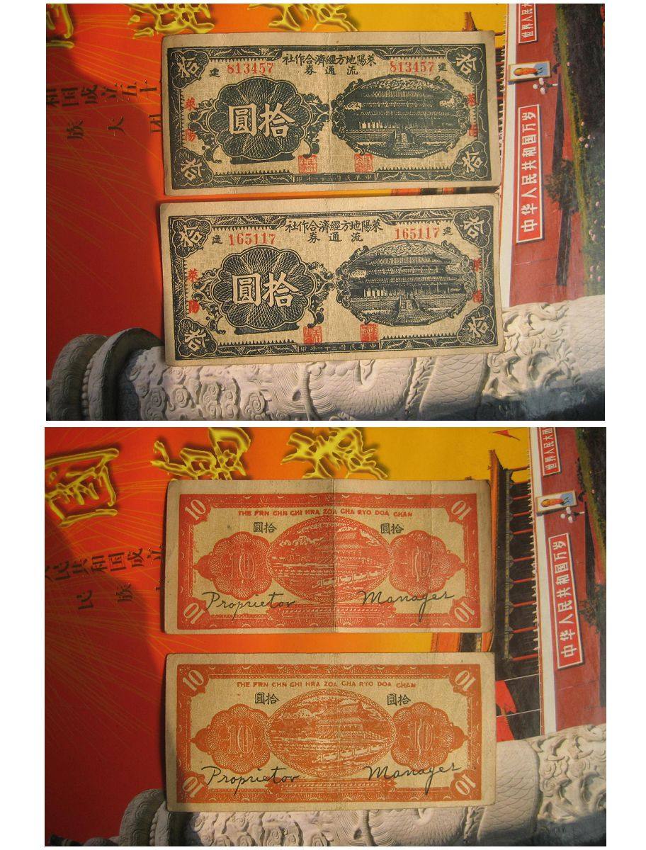 Republic of China 31 Leyang local economic cooperative streaming voucher blue RMBten stamped with 2 straight plate beauty products 117