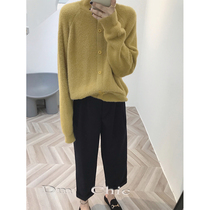 Big Meng winter New Product afternoon French lazy ~ casual warm stand collar imitation mink button loose sweater top