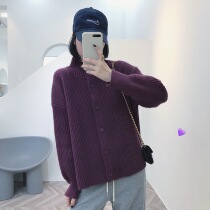 Big Meng early spring new Cozy Chic can stand collar lapel V-neck thick sweater lantern sleeve button cardigan women
