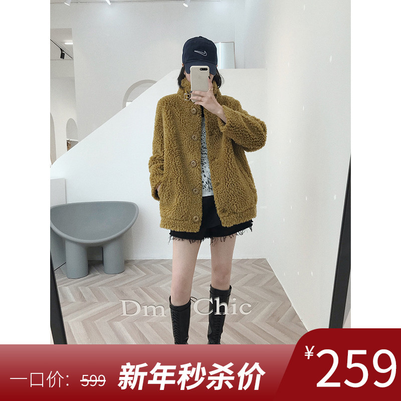 Annual goods benefit Trendy Girl ~ Environmentally Friendly Fur locomotive Outline Shaped Collar Leather Buttoned Lamb Fur Coat