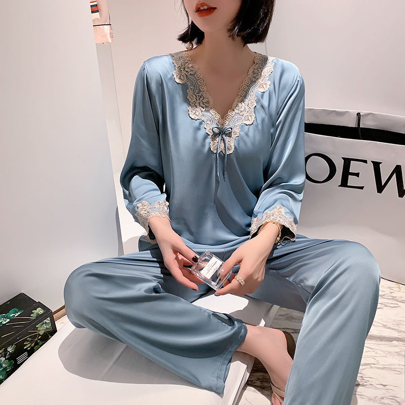 2021 New Pajamas for Women Spring, Autumn and Summer Thin Long-Sleeved Pants Two-Piece Set Ice Silk Pajamas Loose Silk Home Clothes