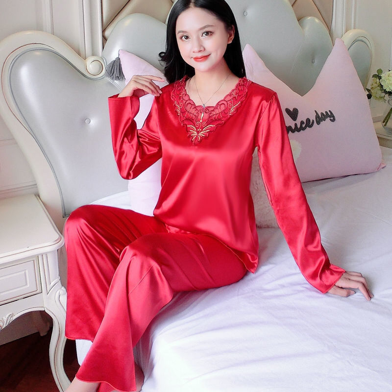 Plus Size Women's Pajamas Spring and Autumn Long-Sleeve Set Spring Set Pajamas Women's Autumn Ice Silk Korean Style Pajamas Women's Summer
