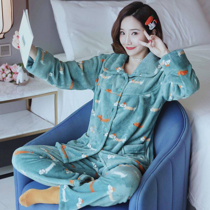 Milk velvet warm clothes coral velvet pajamas female orchid three lakes book Fushan velvet summer clothing velvet French blue autumn and winter thickening