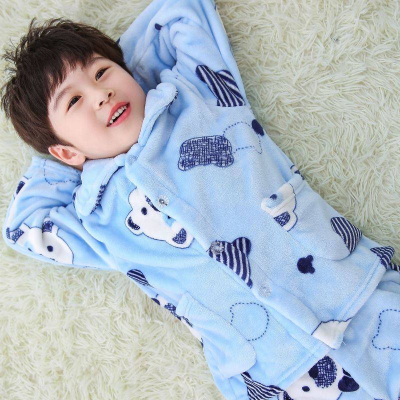 Children plush pajamas boy small female autumn Winter Coral Deep Mountain Hut 3 Hu Milk Method Blue Irane