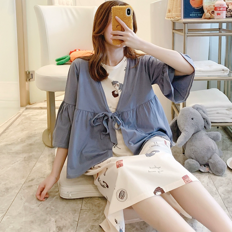 Phiên bản Hàn Quốc của bộ đồ ngủ pijama cho bà bầu bằng cotton tinh khiết cho phụ nữ mùa hè, quần áo sau sinh, quần áo cho con bú và cho con bú, bộ đồ phục vụ tại nhà - Giải trí mặc / Mum mặc