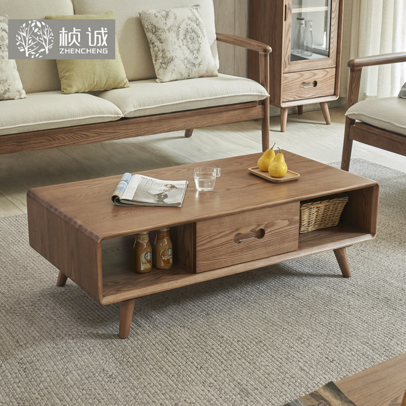 Solid wood tea table Nordic small family type log minimalist modern small tea table solid wood white wax wood tea table living room Home-Taobao