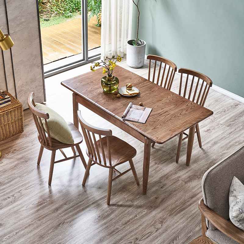 Folding table solid wood home small family dining table log Nordic retractable table solid wood table rectangular-Taobao