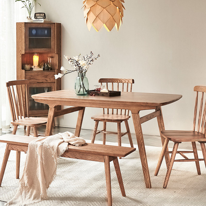 Nordic solid wood dining table and chairs combined minimalist Japanese style log small family home white wax wood solid wood dining table rectangular-Taobao