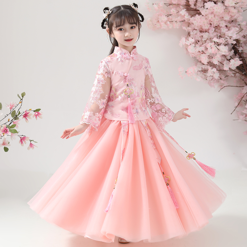 Hanfu girl's autumn clothes foreign dress in ancient clothes Chinese wind superfairy girl foreign pie dress children suit cherry blossom princess