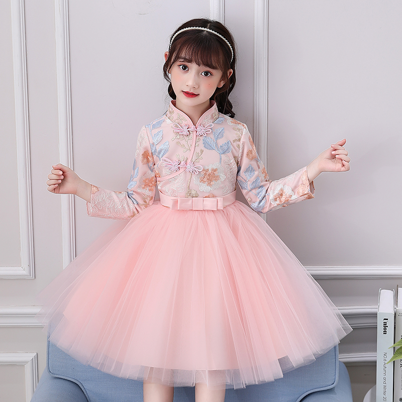 Children's autumn long-sleeved dress 2022 new children's clothing princess skirt girl cheongsam Western style skirt girl gauze skirt