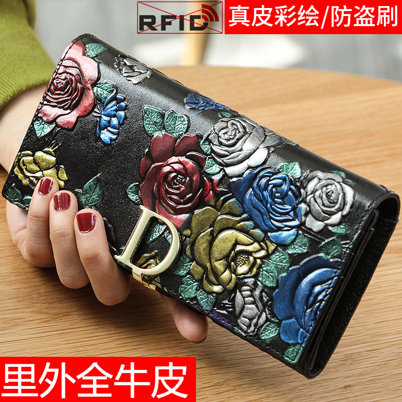 2026 New Banya Nu Genuine Leather Long Women's Wallet Original Vintage Painted Ethnic Style Three-Dimensional Printed Wallet