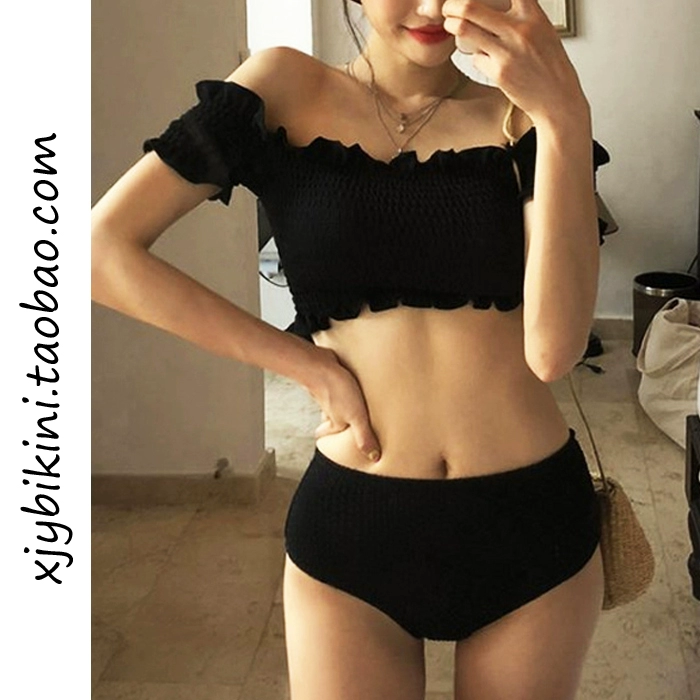 2019 mới của Hàn Quốc áo tắm xẻ tà nữ tính bikini ống trên áo tắm spa vai gợn sóng màu đen - Bikinis