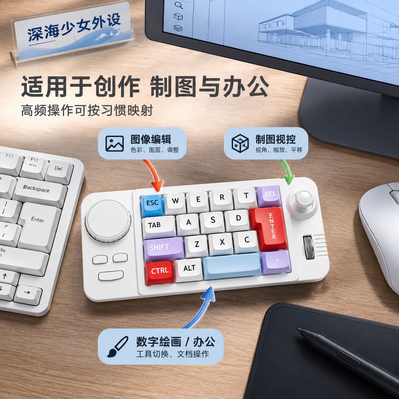 W911 Full-Key Customizable Shortcut Keypad Knob Joystick Scroll Wheel Three-Mode Wireless Office Design Controller