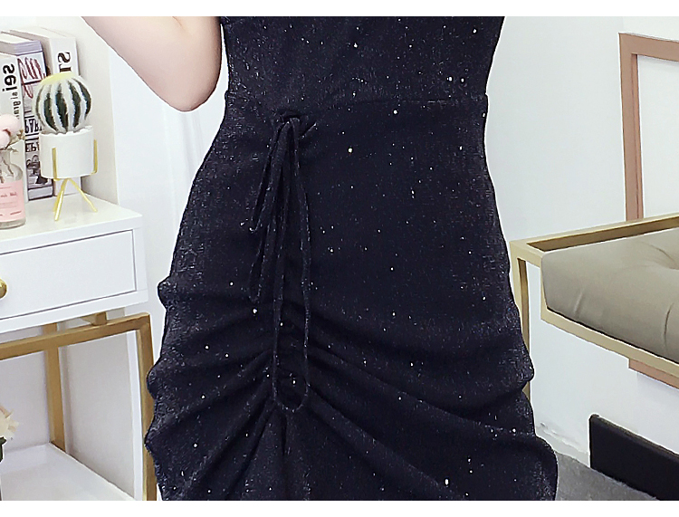 VK旗艦店 韓系交叉V領亮片網紗荷葉邊細肩帶無袖洋裝