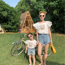 Parent-child clothing 2021 summer new mother and daughter western style embroidered flying sleeve short-sleeved shirt doll shirt female baby embroidered top