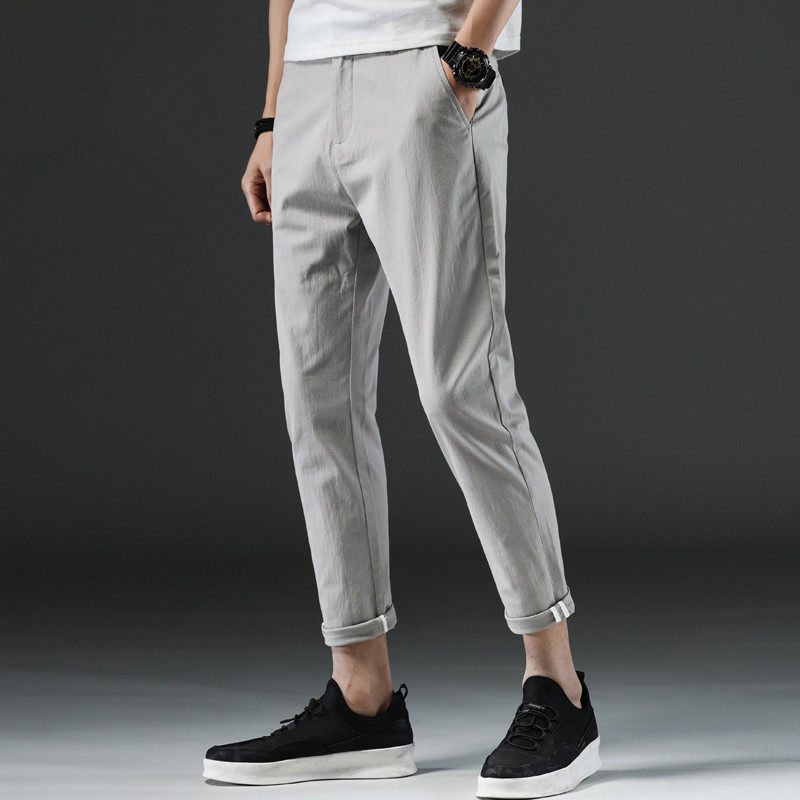 Casual pants male summer slim fit 90% pure cotton sashimi elastic small feet pure color straight cylinder fashion trends handsome summertime
