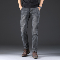 Mens Tide brand jeans autumn plus velvet casual size retro smoke gray loose stretch straight middle-aged pants